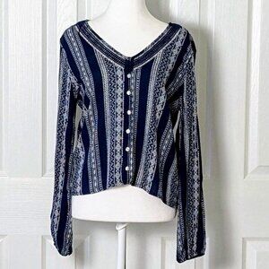 HIPPIE ROSE Women's V-Neck Long Sleeve Blouse Top  Size S  Navy White Print